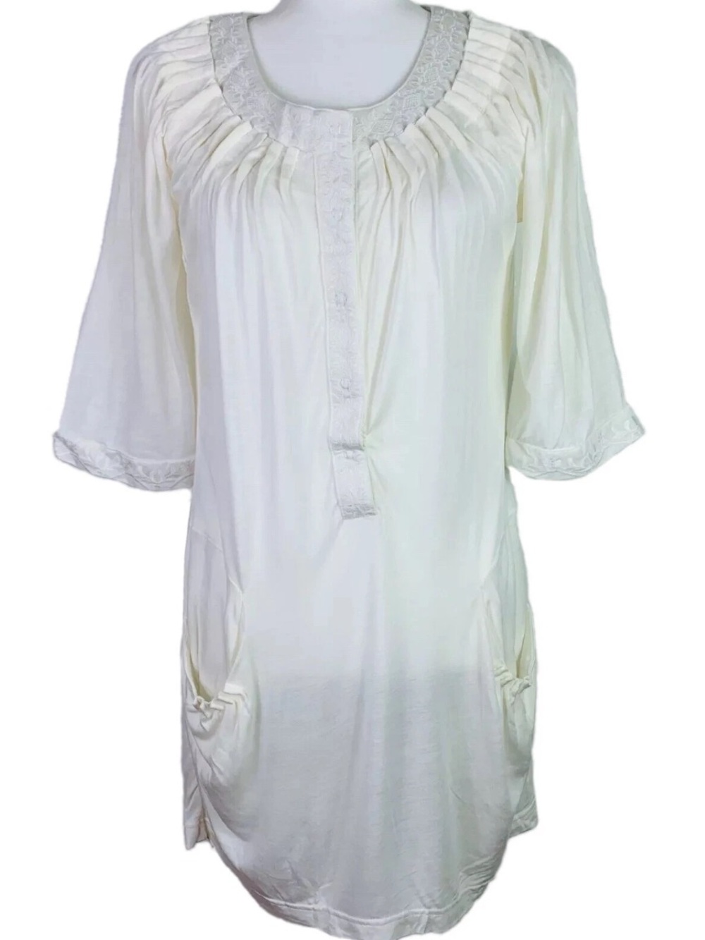 Monoreno Embroidered Ivory Tunic Top/Mini Shift Dress with Pockets Sz Medium
